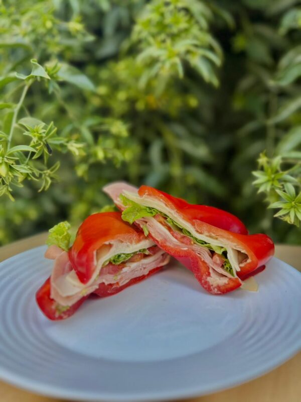 SANGUCHITO VIRAL DE MORRON JAMON QUESO PASTA DE JAMON AHUMADO O SALMON LECHUGA Y TOMATE